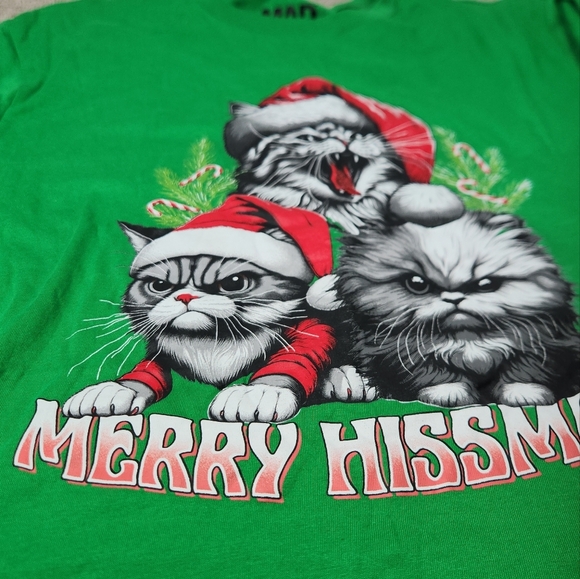 Men's MAD Engine Merry Hissmas Christmas Cats Pajamas Top - Green - M - Picture 5 of 13